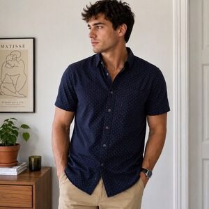 Denim & Flower Button Down Smart Casual Men Medium Navy Polka Dot Short Sleeve